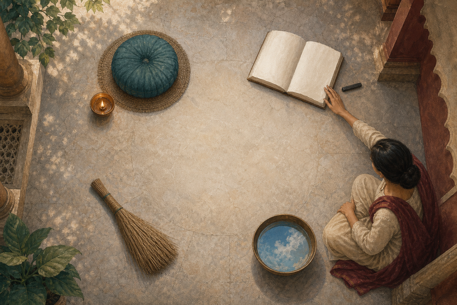 A seated person reaches toward one of four practice objects arranged around an open center on a quiet floor.