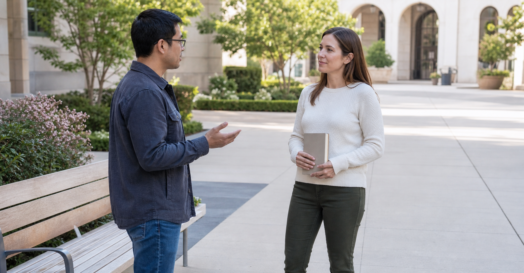 Two adults speak beside a courtyard bench while one listens with a plain-covered book held loosely and an open walkway remains unobstructed.