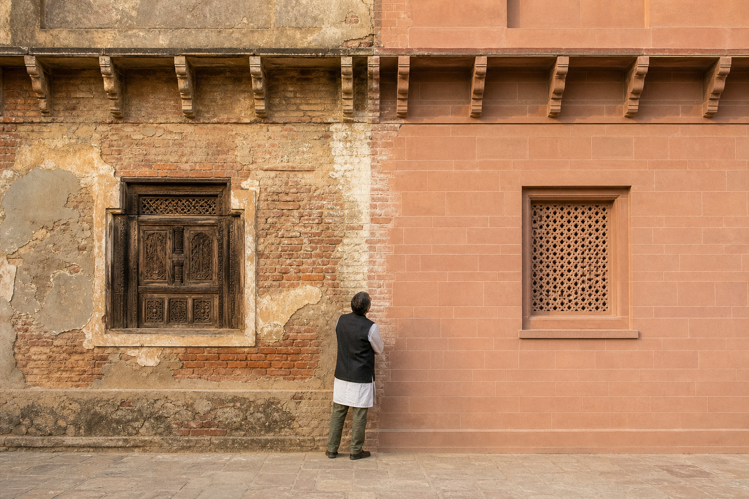 Two adjoining wall bays contrast careful repair of historic brick, plaster and timber with a uniformly rebuilt surface.