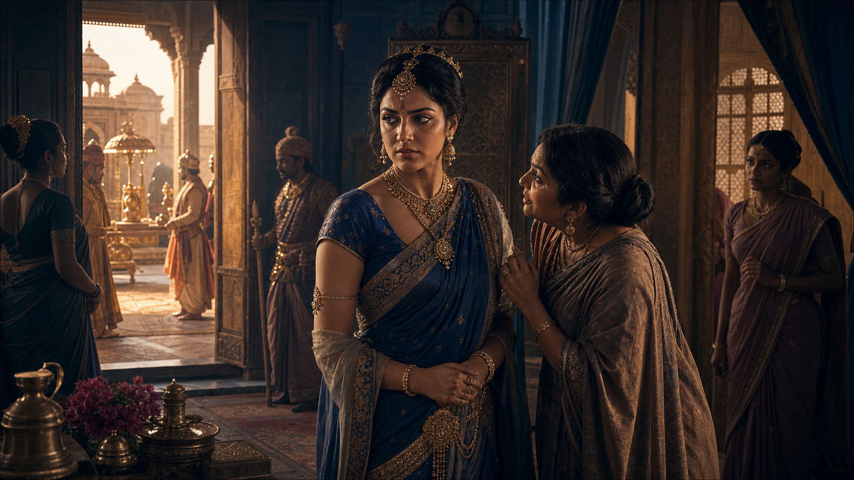 Manthara advises Queen Kaikeyi in a private palace chamber surrounded by attendants, guarded passages, and preparations connected with the royal succession.