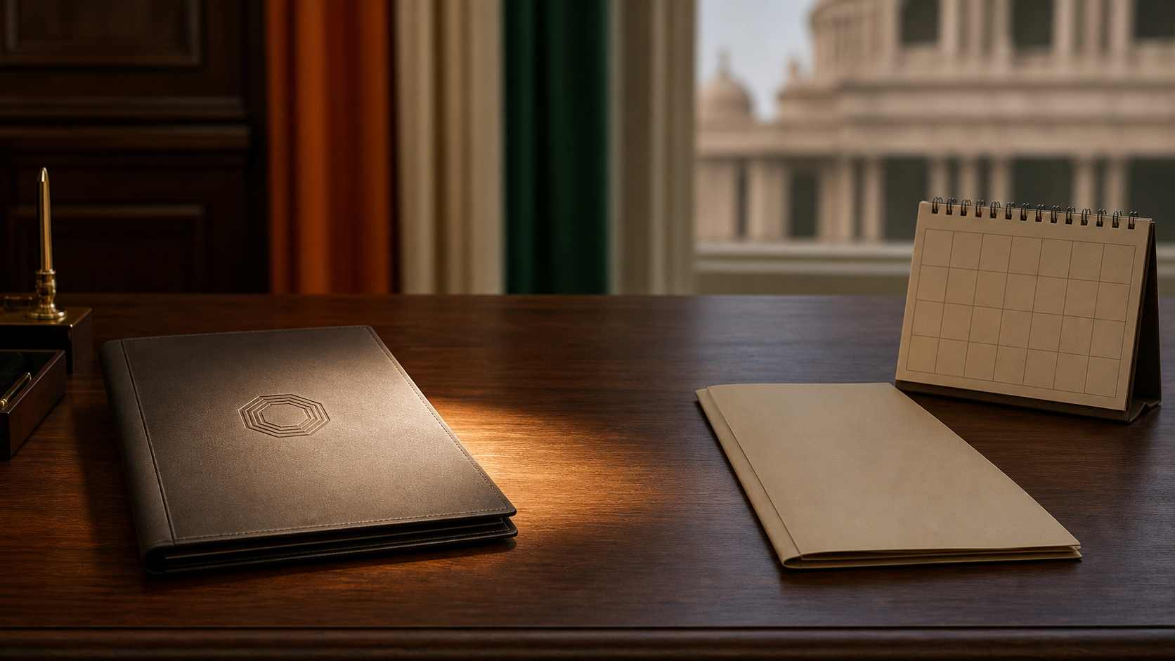 An unprinted approval folio sits apart from a state notification folder and blank calendar on a government-style desk.