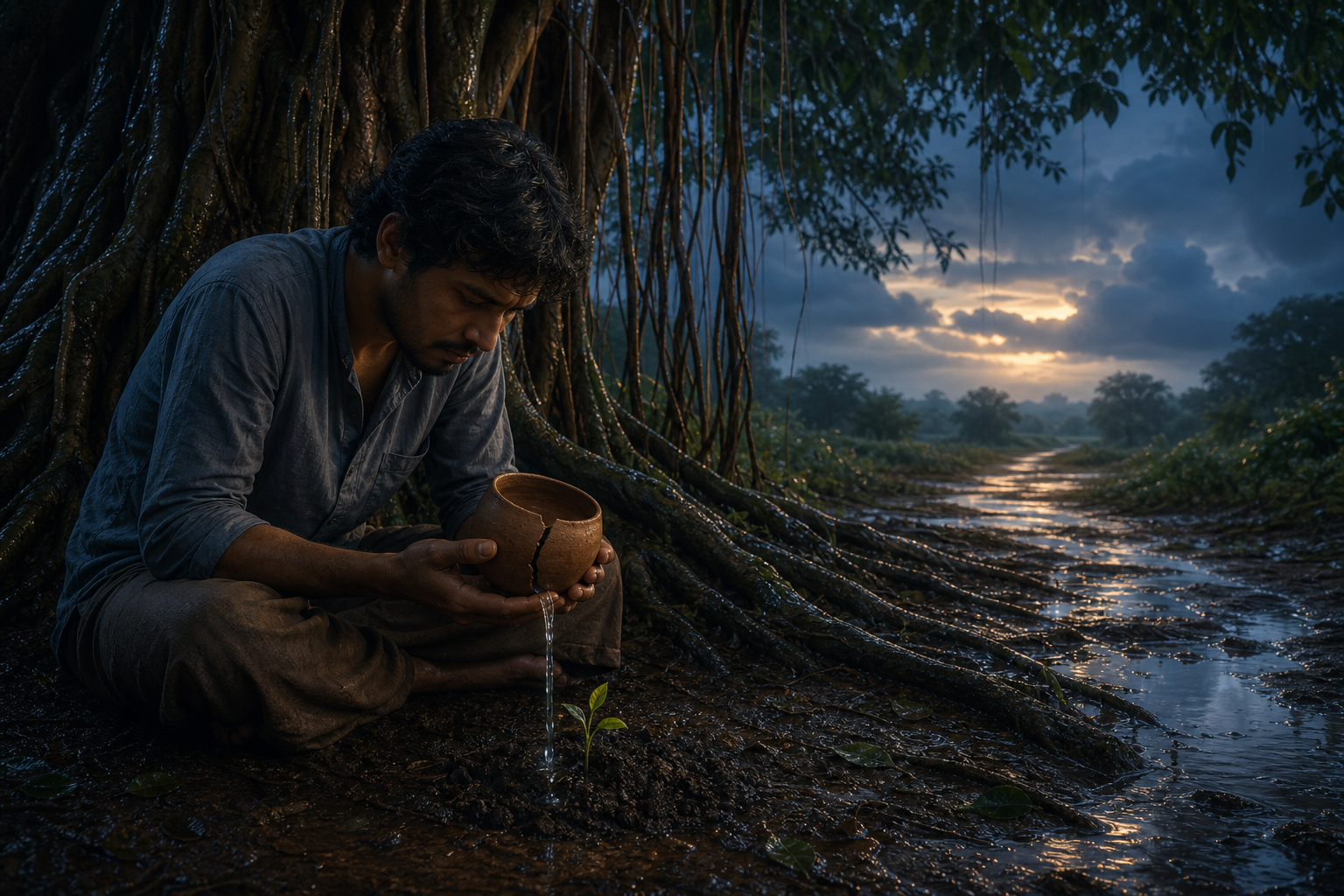 A person sits beneath a banyan tree holding a cracked clay cup as water drains beside a small green shoot.