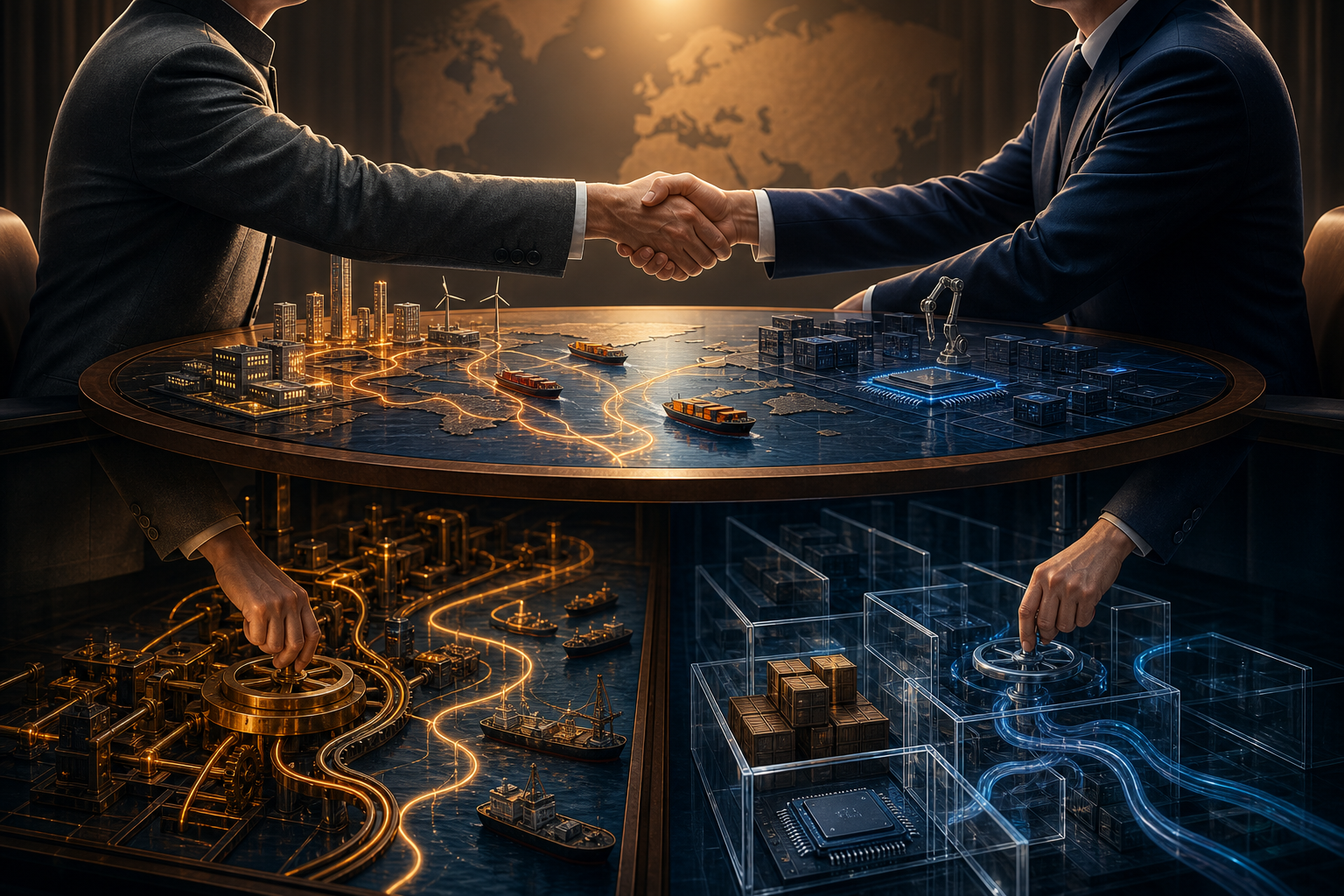 Two anonymous diplomats shake hands over a strategy table while hidden mechanisms open some routes and raise barriers around technology, cargo and capital.