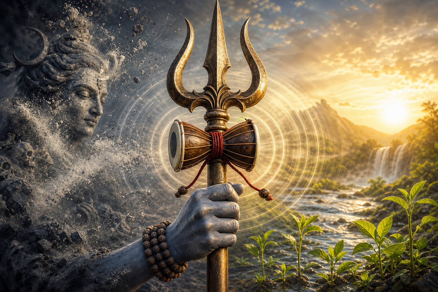 A small Damaru is tied beneath the prongs of a bronze Trishul held by Shiva, with ash and dissolving forms on one side and new growth at dawn on the other.