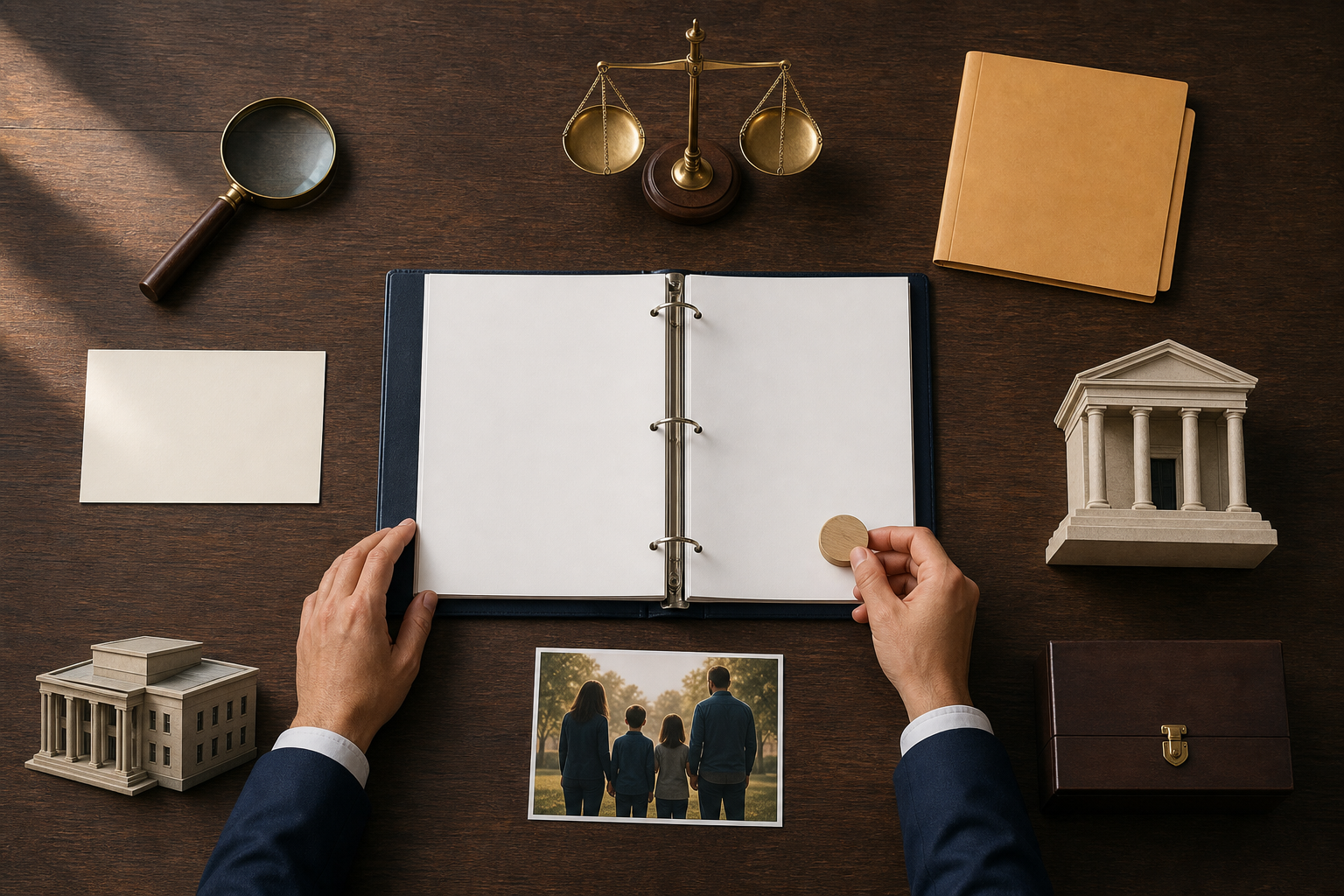 Eight legal-review objects surround an unprinted statute binder while a researcher's hands examine the materials.