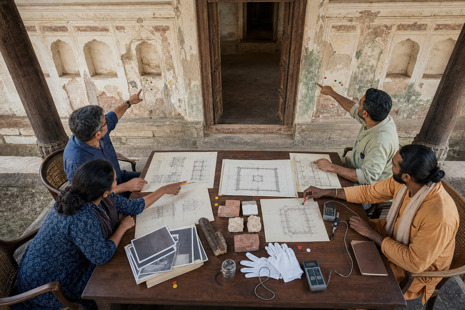 Conservation specialists and a temple representative review drawings, material samples and testing tools beside a weathered wall.