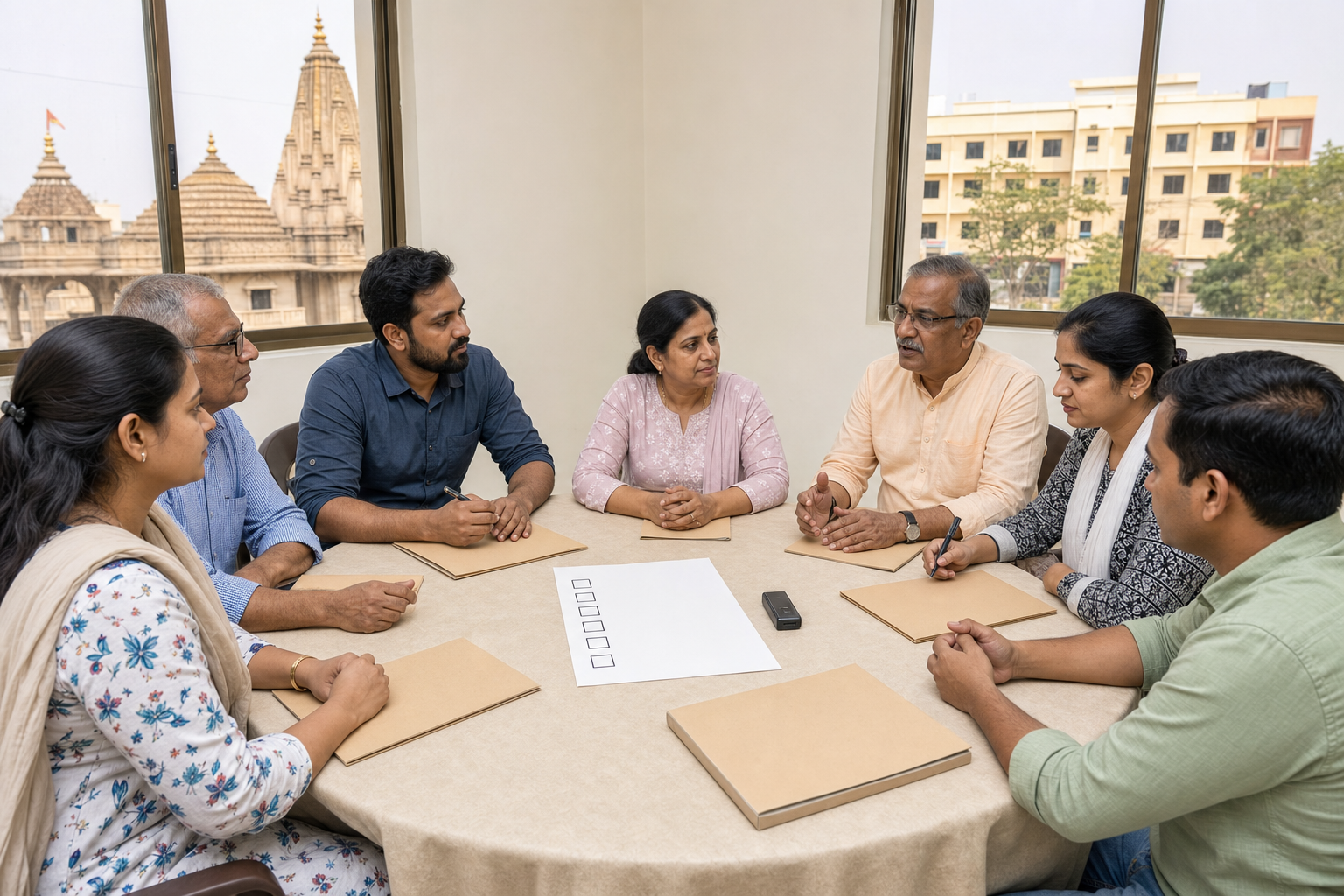 Community representatives, a journalist, a legal adviser, and family members prepare together around a table with blank documents.