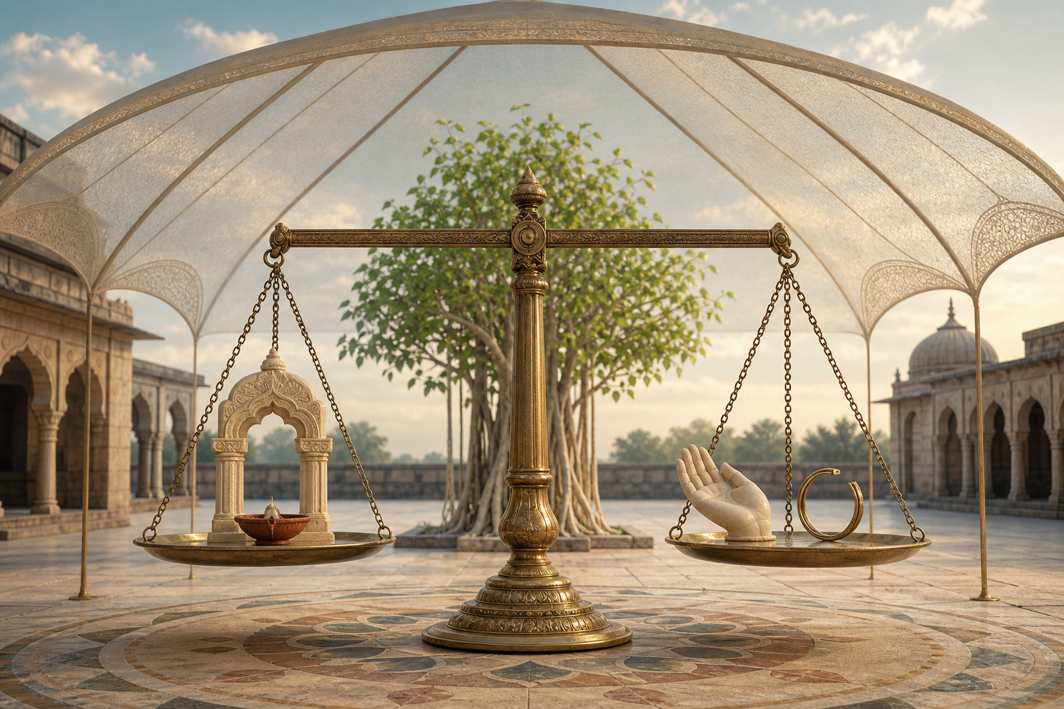 Balanced brass scales hold a diya and temple-arch motif on one side and an open hand with an unlocked ring on the other.