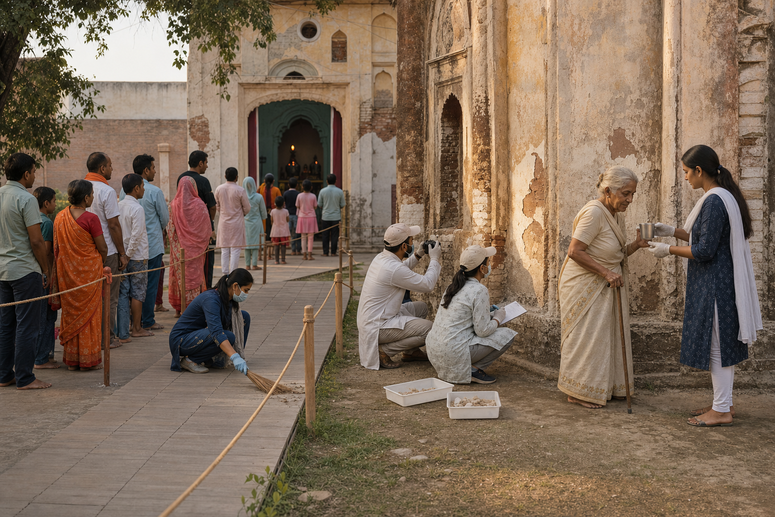 Devotees, residents and trained workers share a temple courtyard while fragile historic walls remain protected behind a rope boundary.