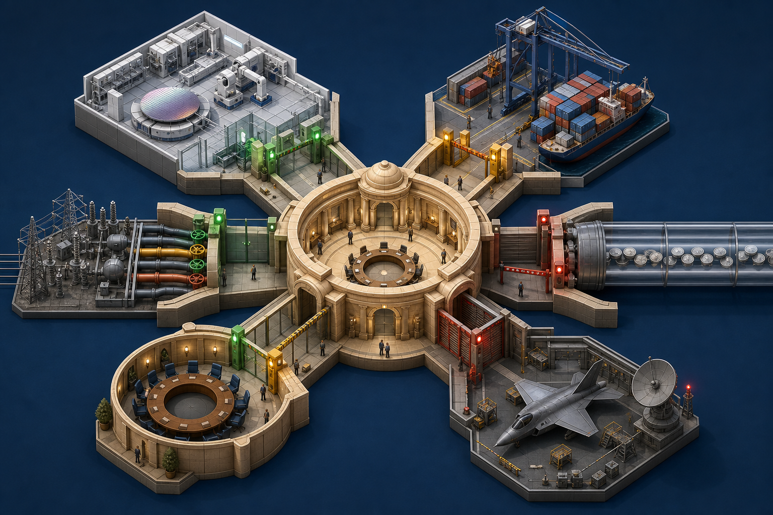 A central policy chamber connects to six gateways representing technology, trade, capital, defense, diplomacy and energy, each with different physical barriers.