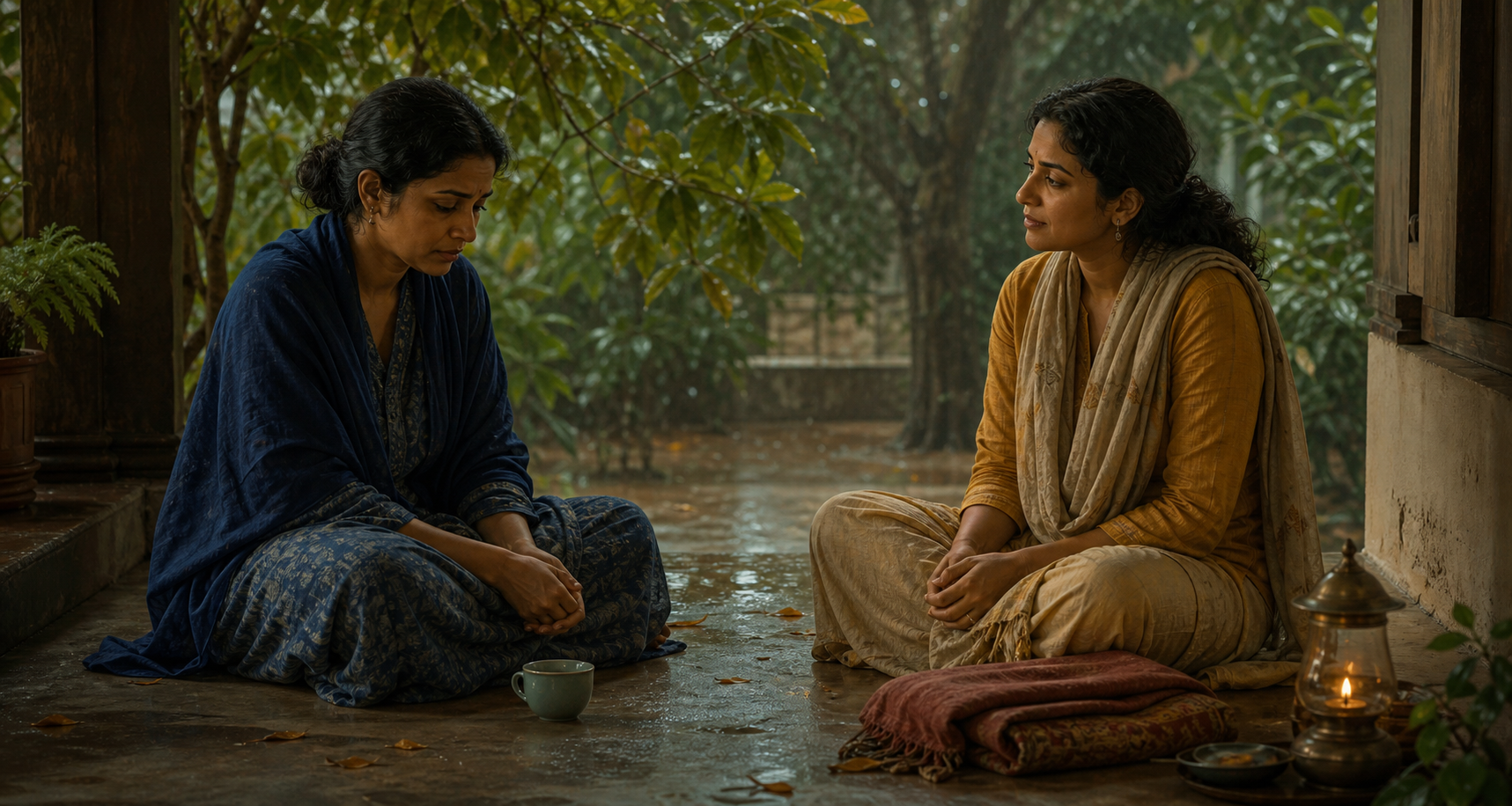 Two friends sit quietly together on a veranda, with tea, a folded shawl, wet foliage, and a small glowing oil lamp nearby.