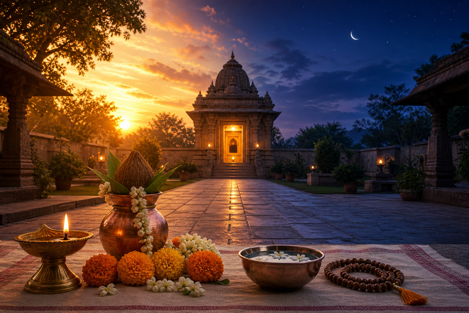 A temple courtyard changing from warm late-afternoon light to blue evening, with a waxing moon and a puja arrangement of a diya, kalasha, flowers, water, and prayer beads.