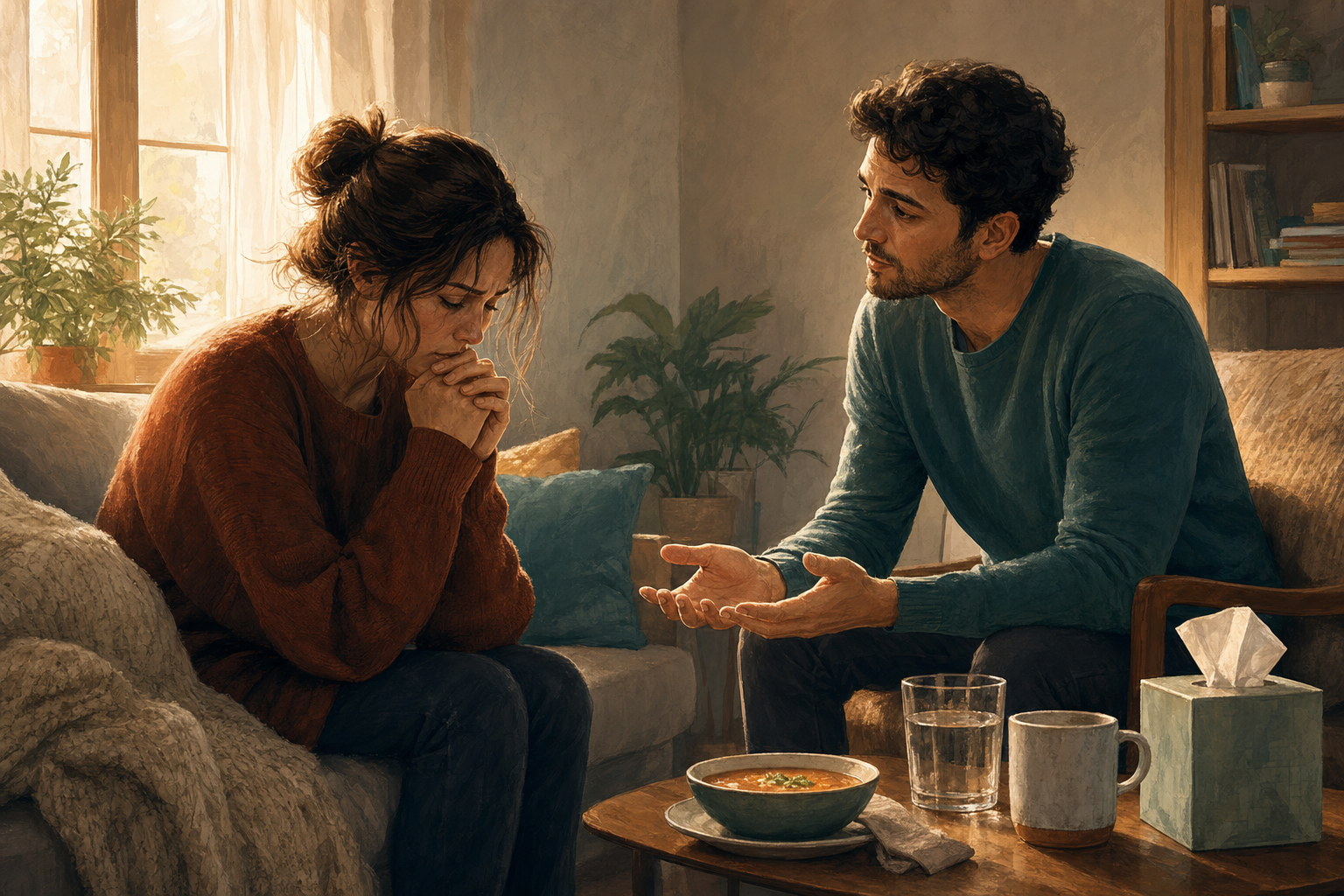 An attentive person pauses beside a distressed friend while a glass of water, tissues, and a meal sit within reach.
