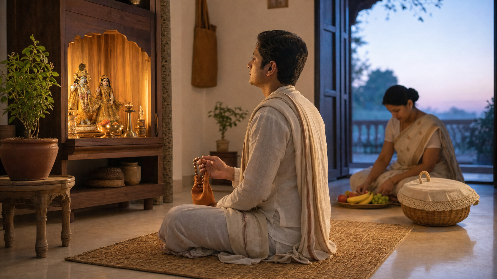 A devotee chants with japa beads before a home altar while fruit is prepared for offering and a basket of prasada waits nearby.