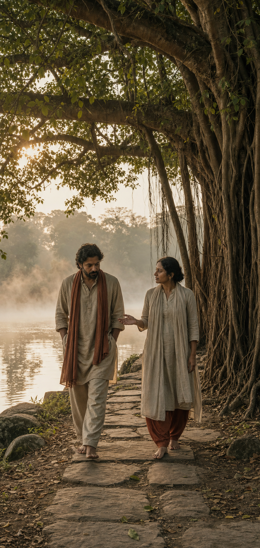 Two people walk silently together beneath a banyan tree beside a misty river at dawn.