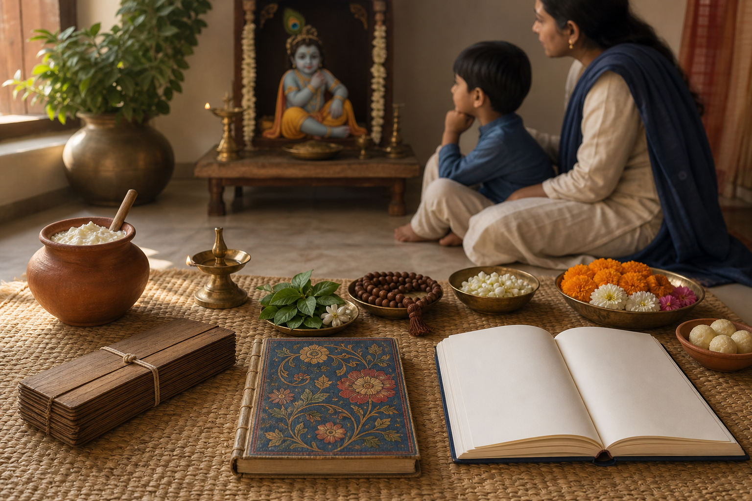 Distinct palm-leaf and bound manuscripts, ritual objects, flowers, and a blank notebook rest near a household Bala Krishna shrine where an adult and child sit together.