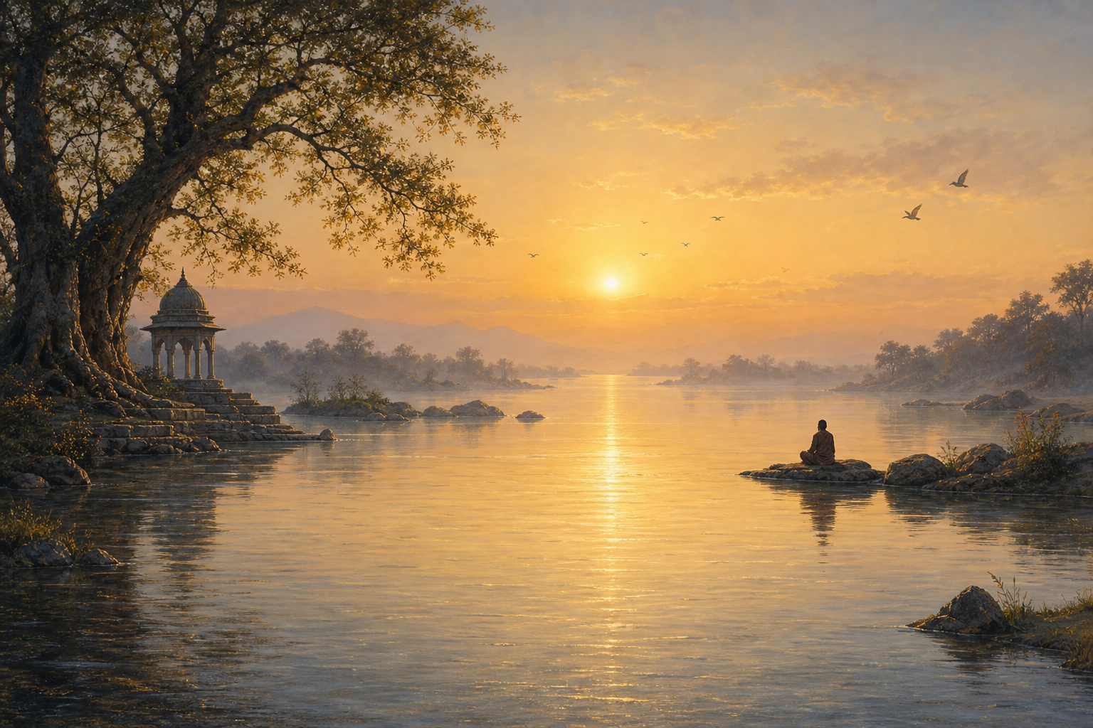 A seated person overlooks continuous water reflecting distinct trees, birds, stones, and a small pavilion in golden dawn light.