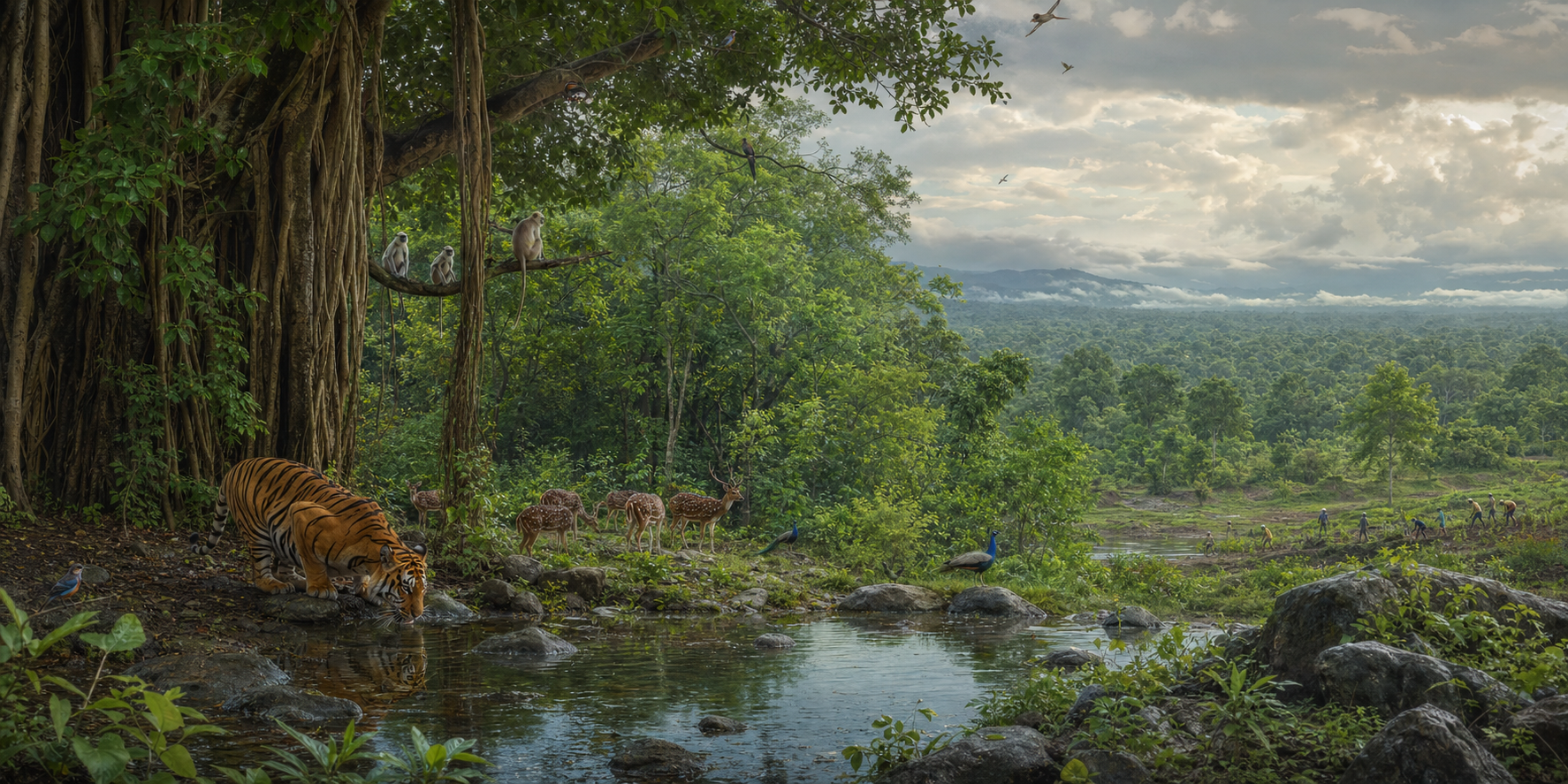A Bengal tiger drinks at a woodland waterhole while other native animals occupy the habitat and distant villagers plant saplings along a streambank.