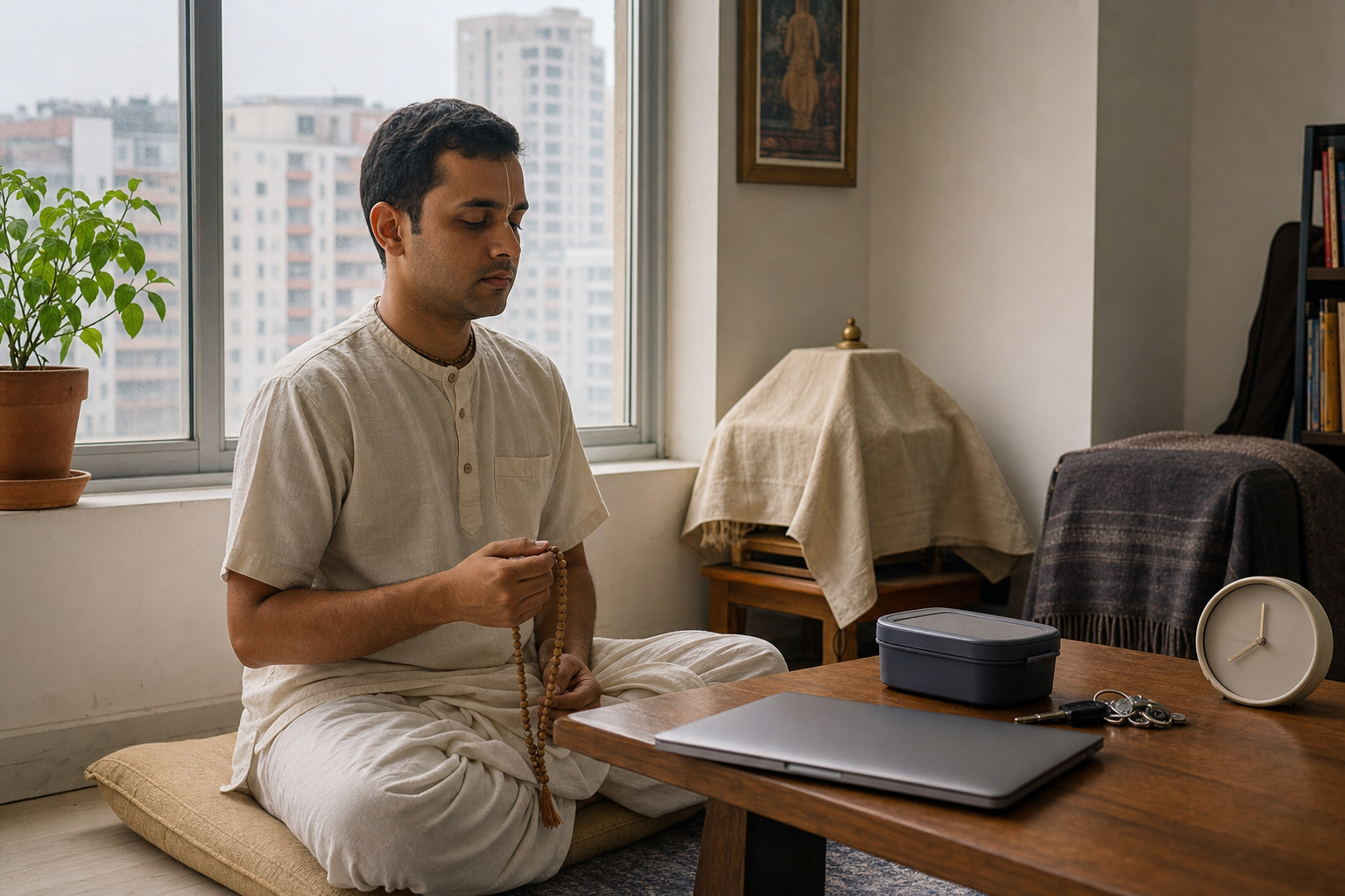 A practitioner chants on japa beads beside a home altar before starting a weekday, with a laptop, keys, and lunch container nearby.