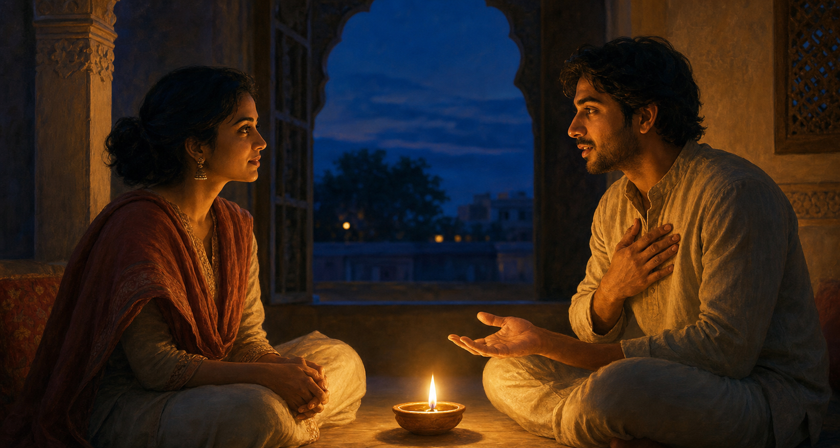 One person speaks gently to another beside a glowing oil lamp in a quiet room at dusk.