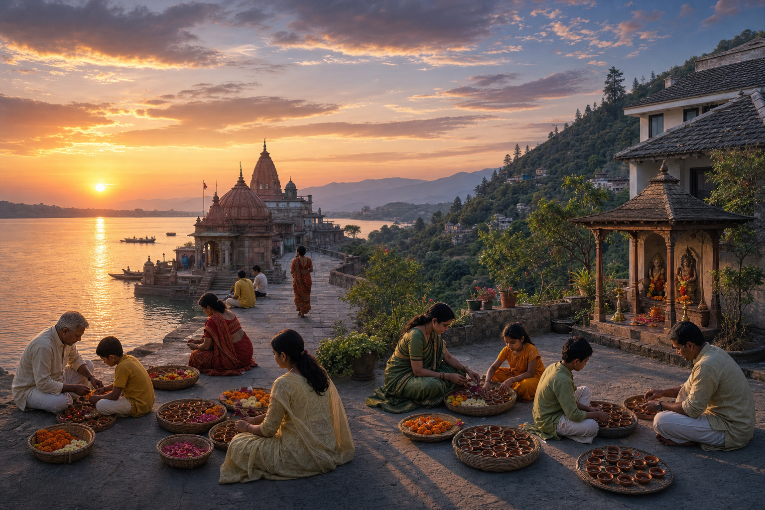 Two neighboring illustrated scenes show families preparing lamps near a riverside temple and a hill-country shrine under different local horizons and evening light.