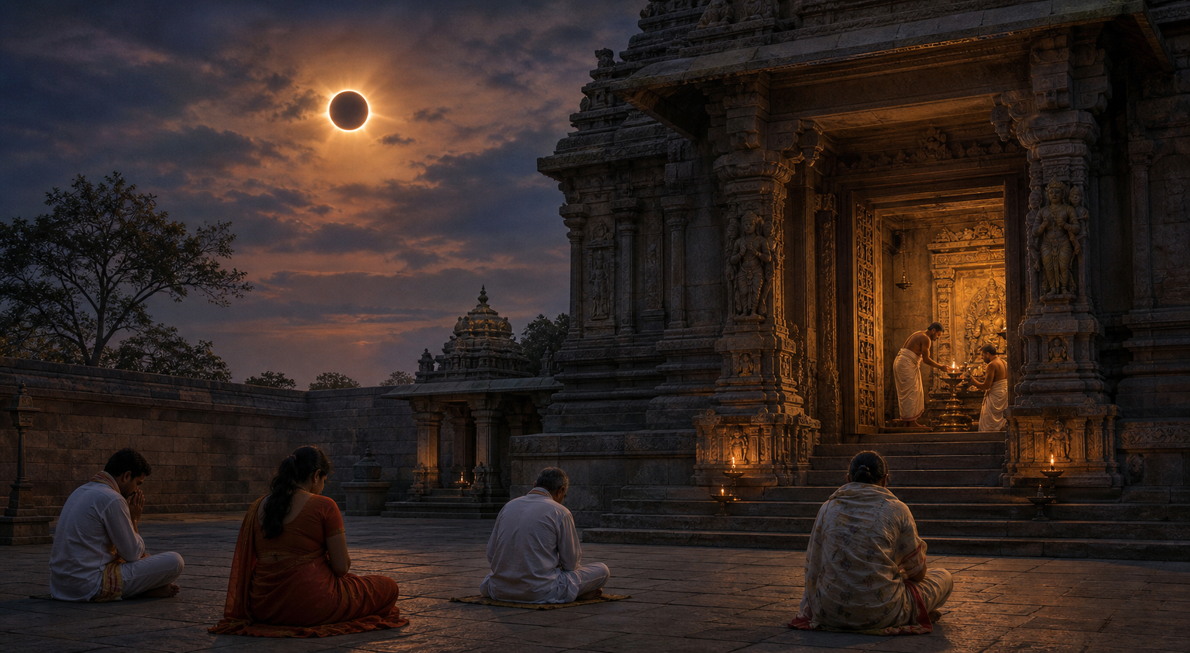Devotees pray in a quiet temple courtyard while attendants continue worship inside during a solar eclipse.