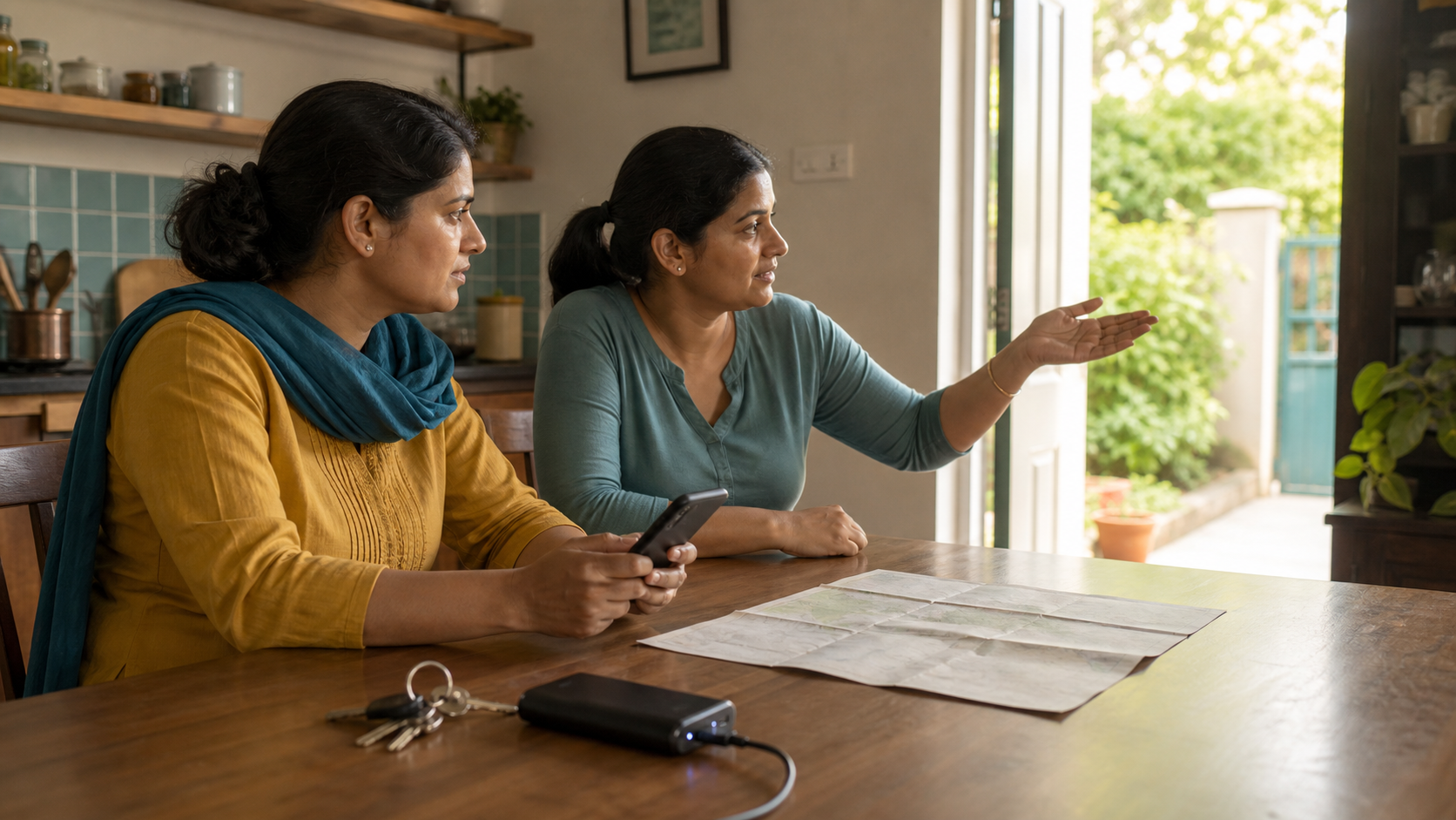 Two adult women calmly review a phone beside keys, a power bank, and an unlabeled map at a kitchen table near an open doorway.
