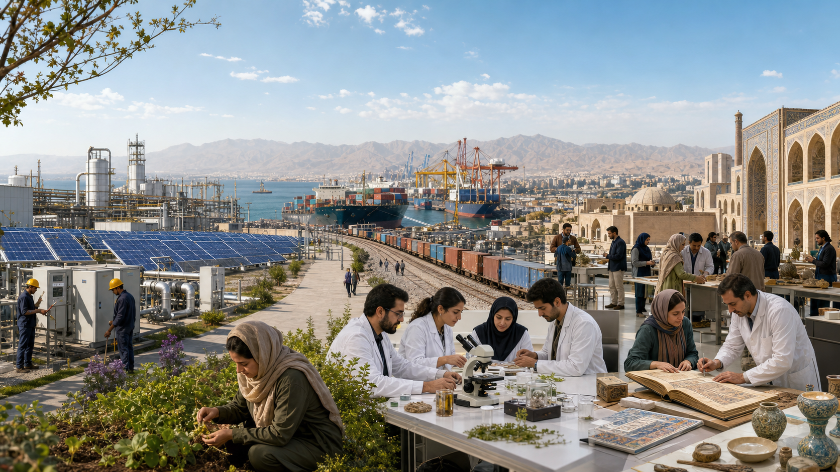 A continuous panorama shows clean energy facilities, maritime freight, university research, and cultural conservation as four areas of cooperation.