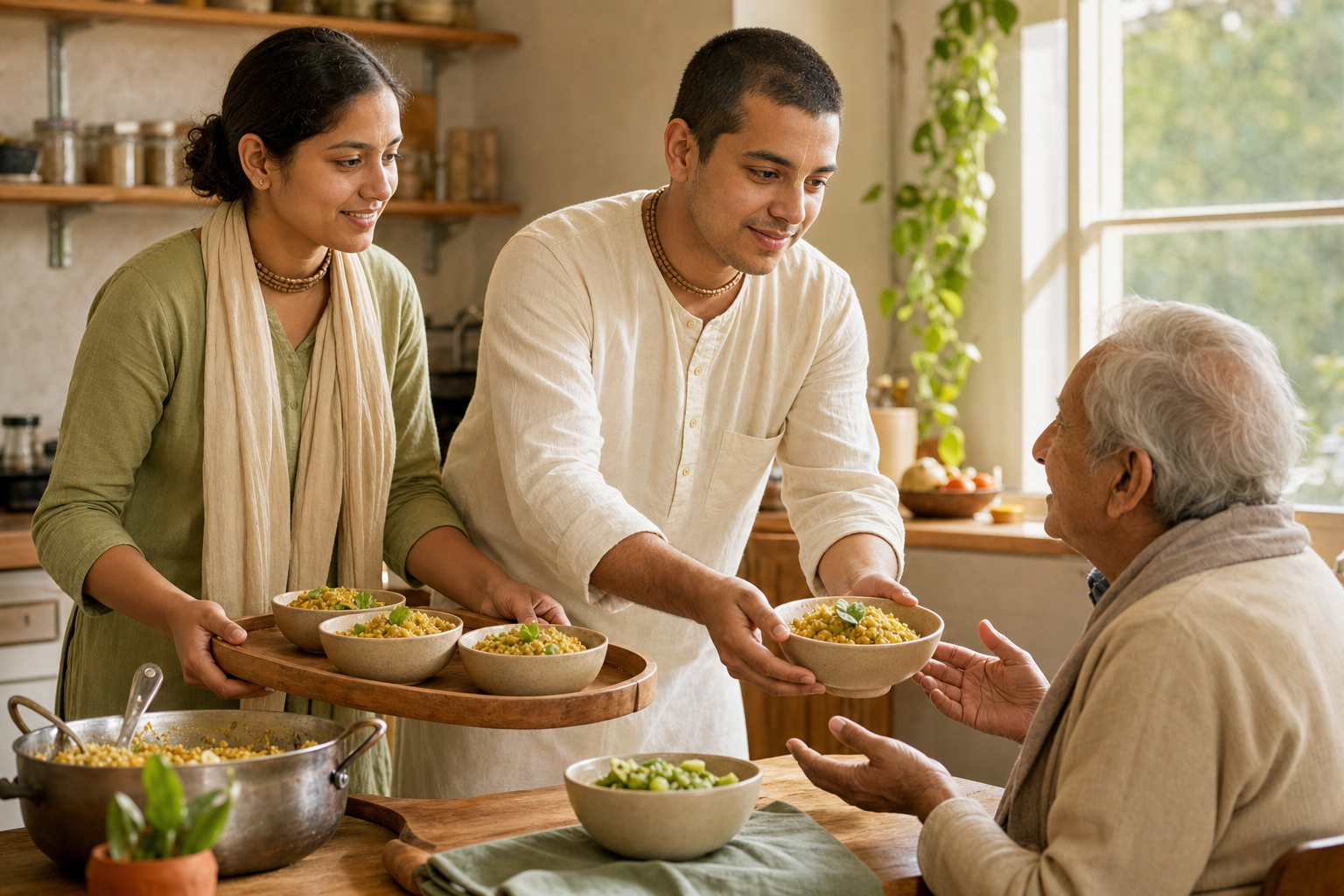 Two devotees serve bowls of vegetarian prasada to an elderly person in a community kitchen.