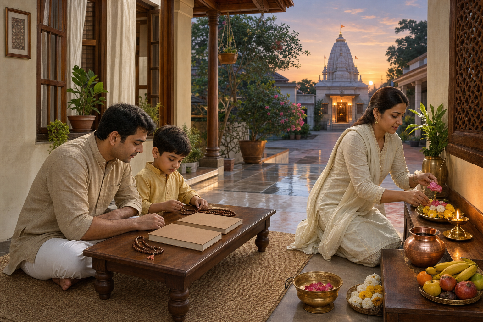 A family prepares flowers, fruit, a copper vessel, and a diya at home while an adult and child sit with prayer beads and closed books, with a temple entrance visible beyond the courtyard.