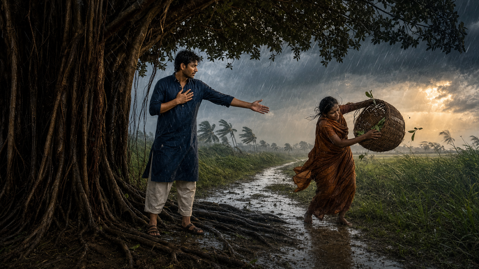 A person stands beneath a banyan tree in a monsoon and reaches toward a neighbor as wind and rain sweep across the landscape.