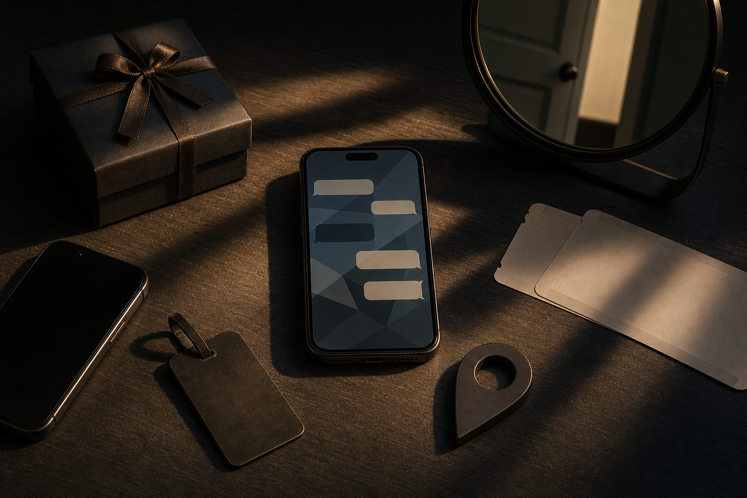 A phone surrounded by a gift, anonymous device, blank travel ticket, suitcase tag, and location symbol suggests a developing pattern of warning signs.