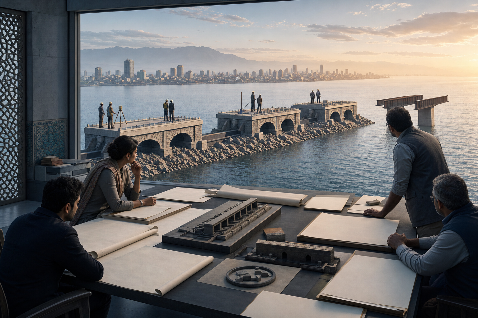 Analysts study blank documents and infrastructure models beside a three-stage causeway whose final span has not yet been built.