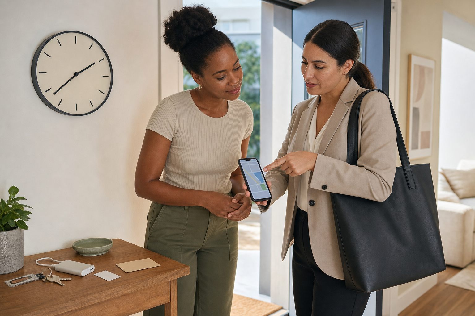 A woman and her trusted friend check a phone route beside keys, identification, a power bank, and transit items before she leaves home.