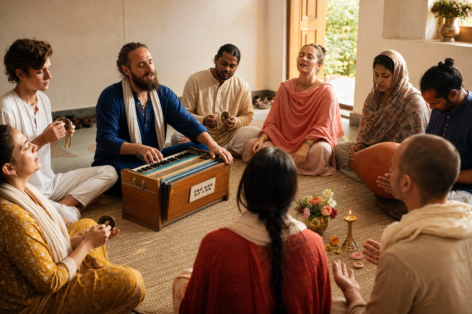 Adults sit in a circle singing kirtan with a harmonium, hand cymbals, and a drum in a warmly lit room.