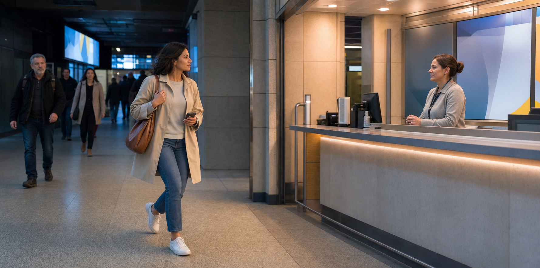 A woman moves from a shadowed corridor toward a staffed help counter in a busy, brightly lit transit concourse.