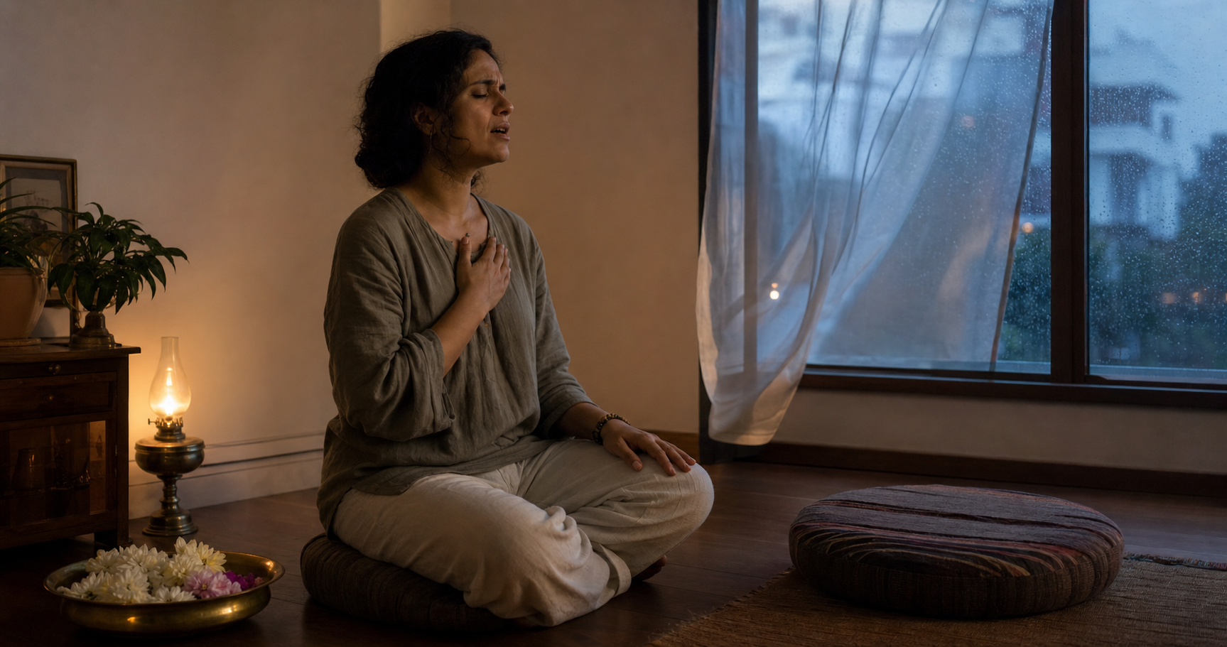 A seated person sings beside a harmonium near a window, with tears on their face and one hand resting over their heart.