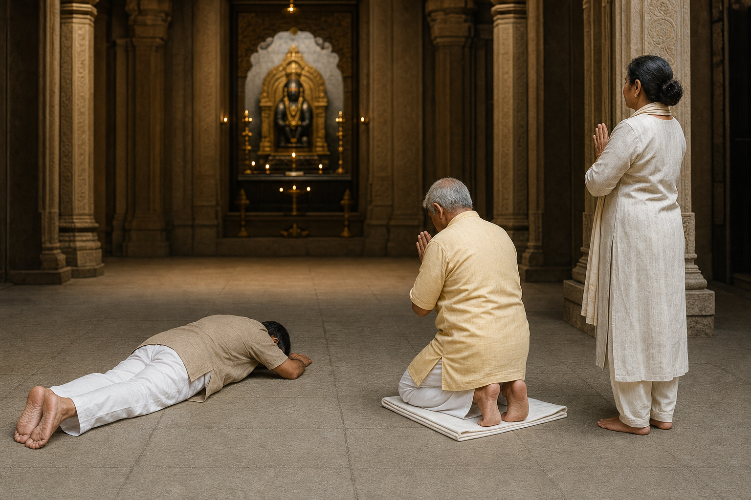 Three devotees respectfully choose a full prostration, a supported kneeling bow, and standing Anjali Mudra according to their mobility.