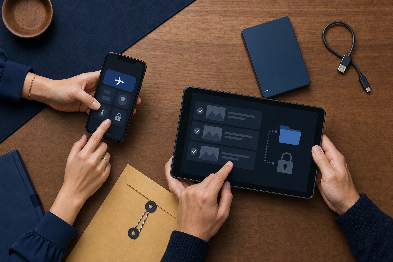 Two people carefully save abstract phone-message screenshots to secure storage beside a sealed drive and plain envelope.