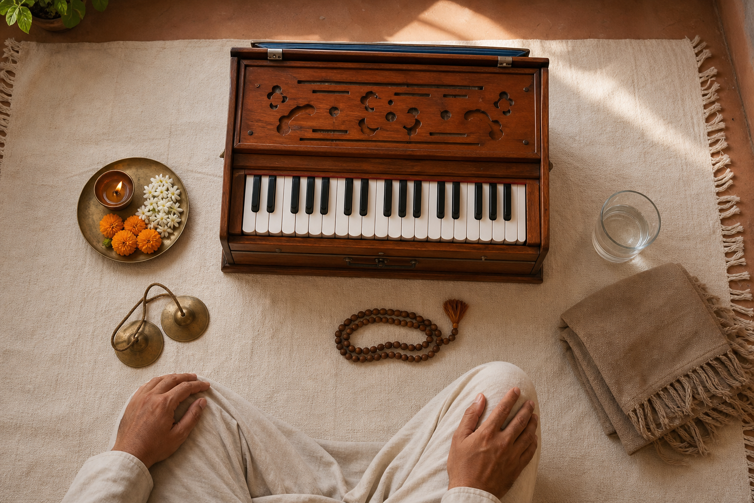 A home kirtan space contains a harmonium, hand cymbals, prayer beads, flowers, an oil lamp, a mat, and a glass of water.