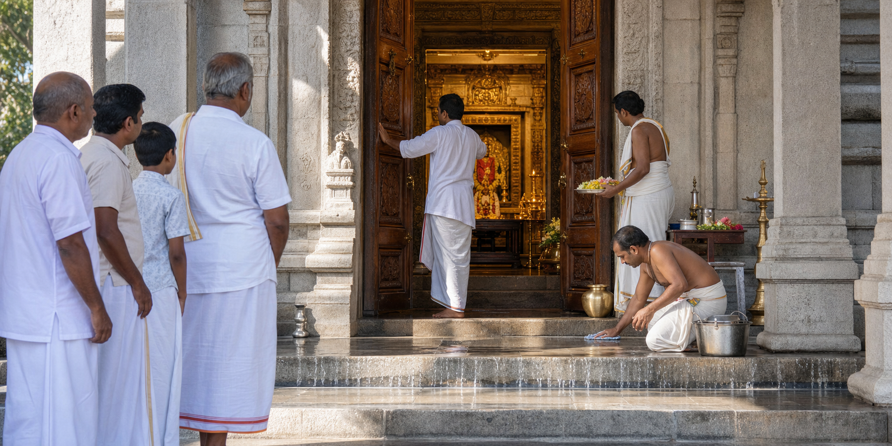 Temple attendants finish cleaning and arranging fresh flowers before opening the doors to devotees waiting outside after the eclipse.