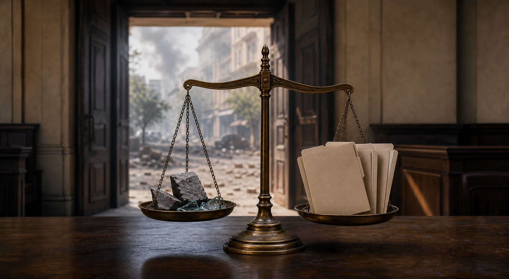 A brass balance scale separates damaged street debris from individual case files on an evidence table inside a courthouse.