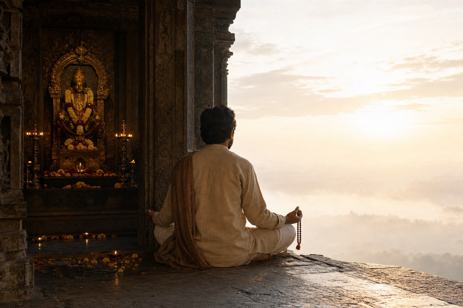 A seeker sits between a lamp-lit temple shrine and an open, luminous horizon at dawn.