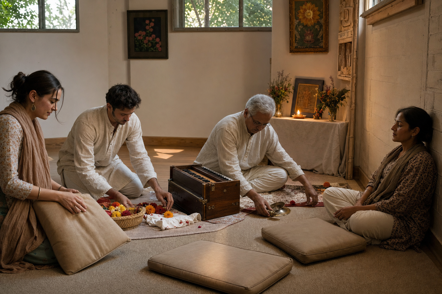Older and younger kirtan participants put away hand cymbals and cushions beside a harmonium while one person sits quietly.