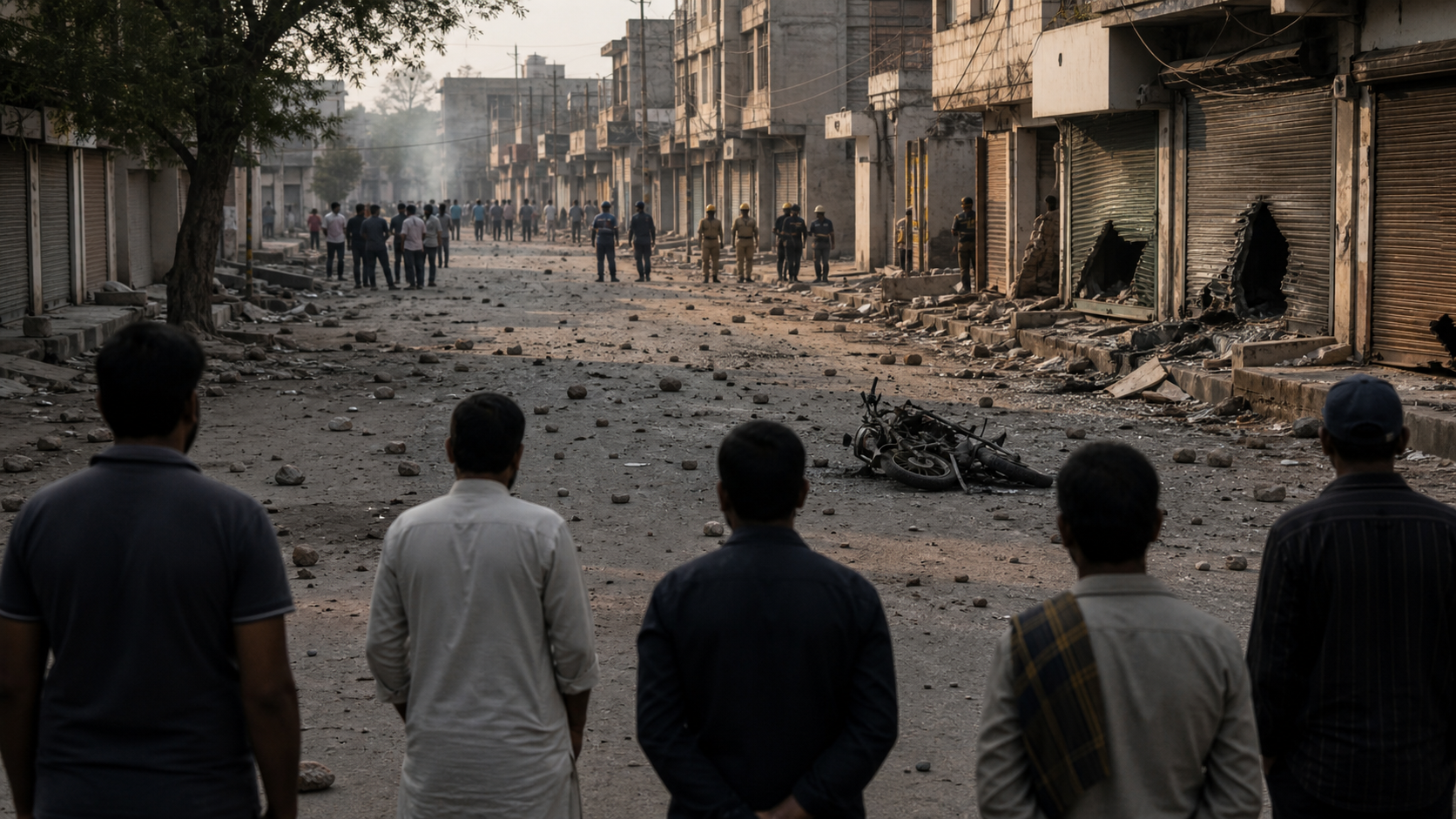 Residents and emergency workers stand near a debris-strewn street with a burned vehicle and damaged shopfronts after violence.