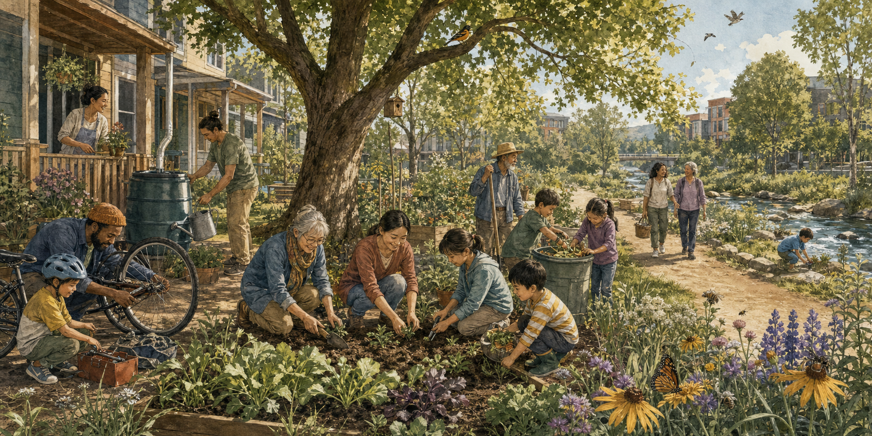 A multigenerational family and neighbors garden, compost, repair a bicycle, and collect rainwater in a shared green courtyard near a stream.