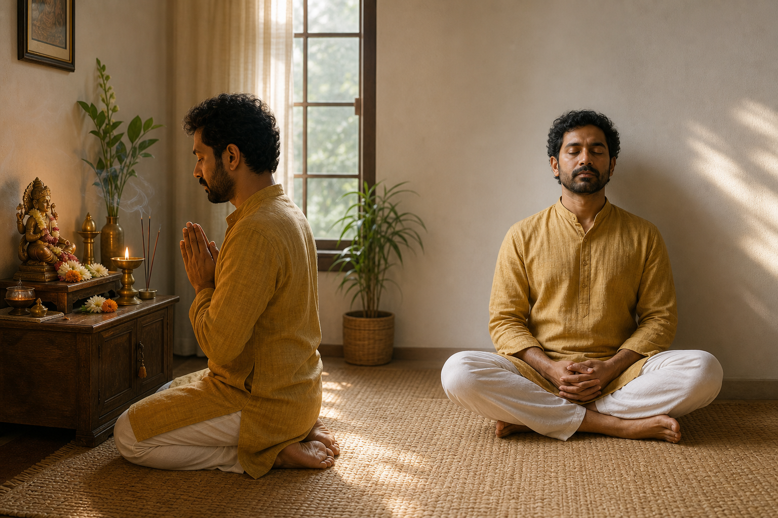 The same practitioner engages in devotional worship and silent meditation in two connected parts of a room.