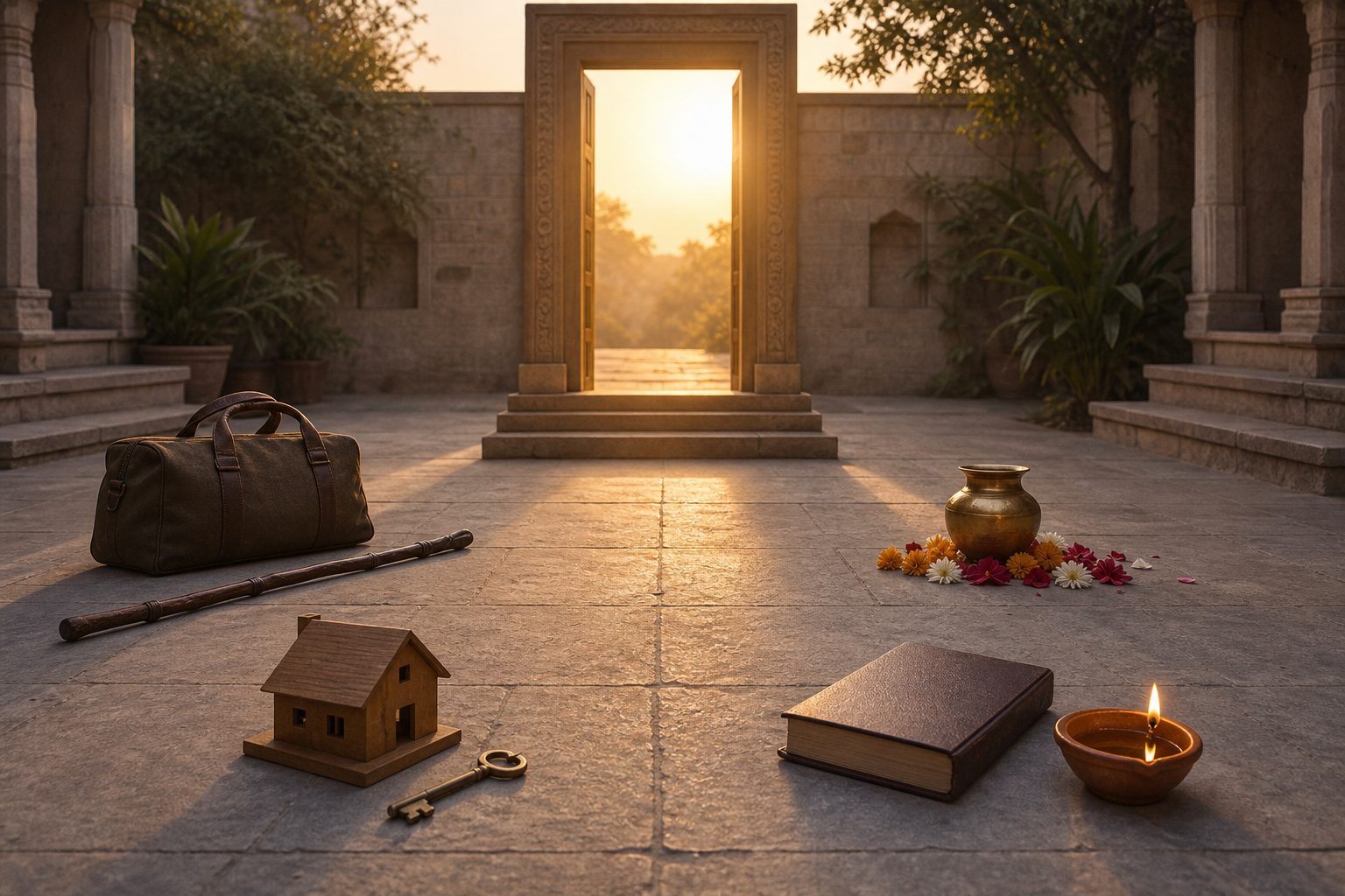A sunlit courtyard threshold approached by separate groups of objects representing a journey, property purchase, course, and ceremony.
