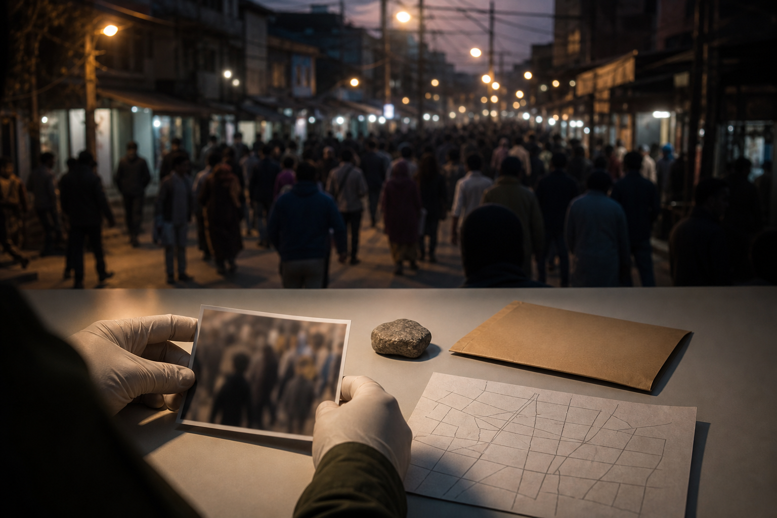 An investigator examines unmarked evidence while an indistinct crowd fills a dimly lit street in the background.
