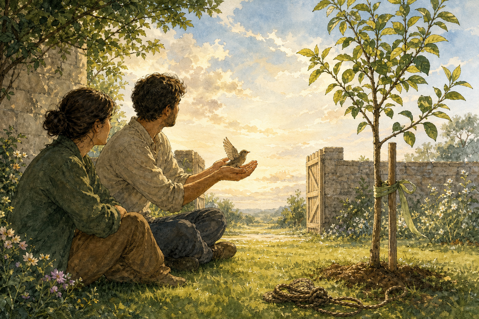 A person holds a small bird in open hands beside an open garden gate while another person loosens the support around a young tree.